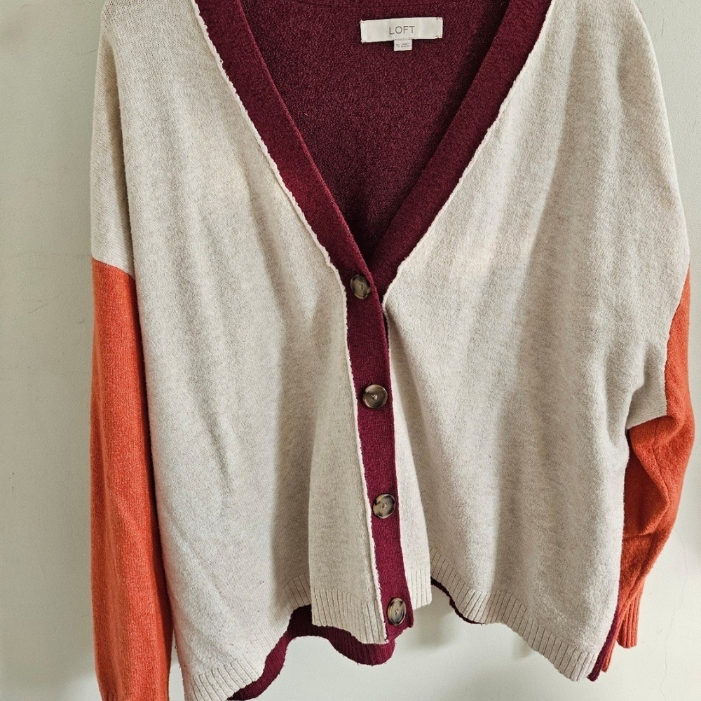 LOFT Women's Colorblock Cardigan Sweater - Cream, Burgundy, and Orange